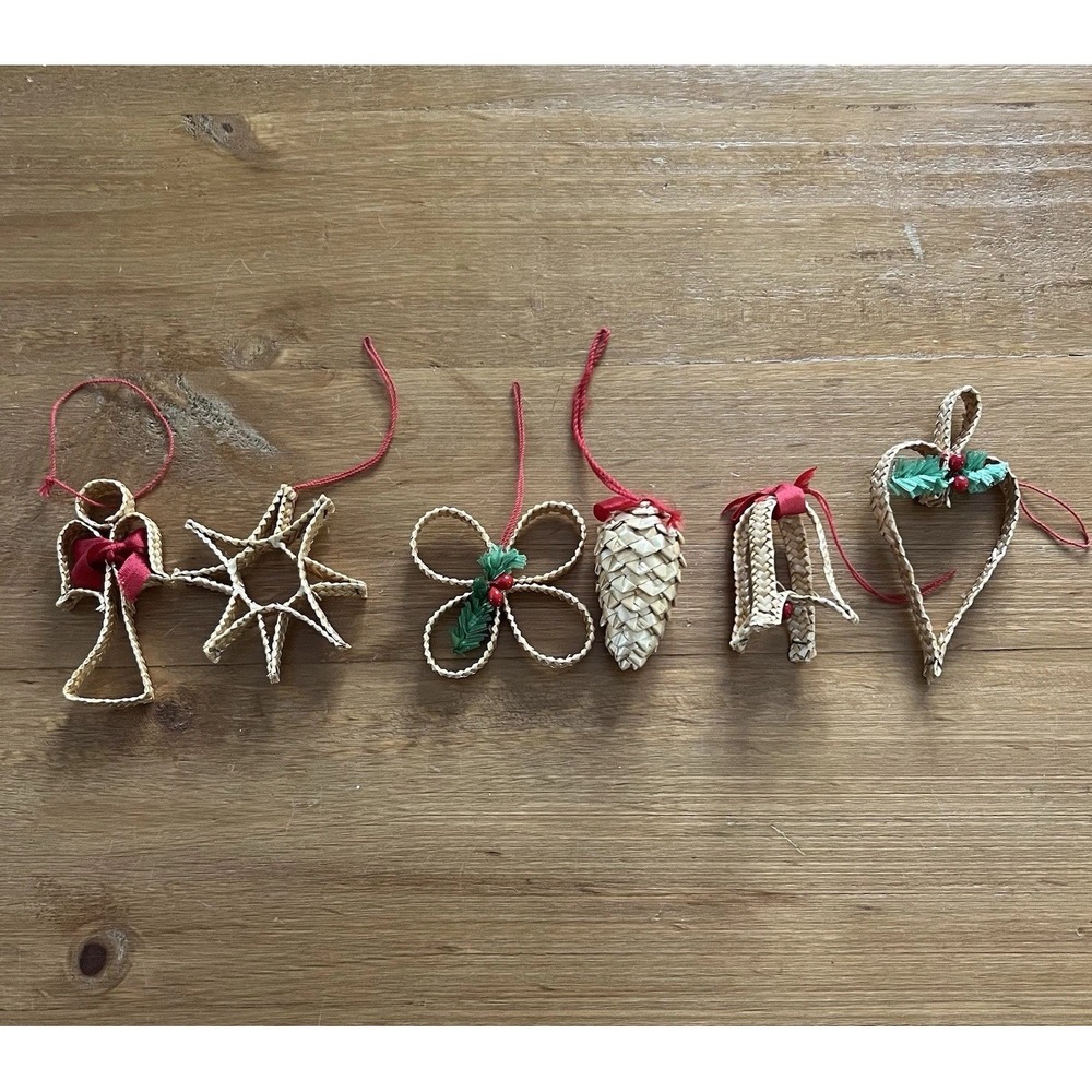 Vintage Woven Straw Christmas Ornaments Lot 6 Handmade Scandinavian Folk Art